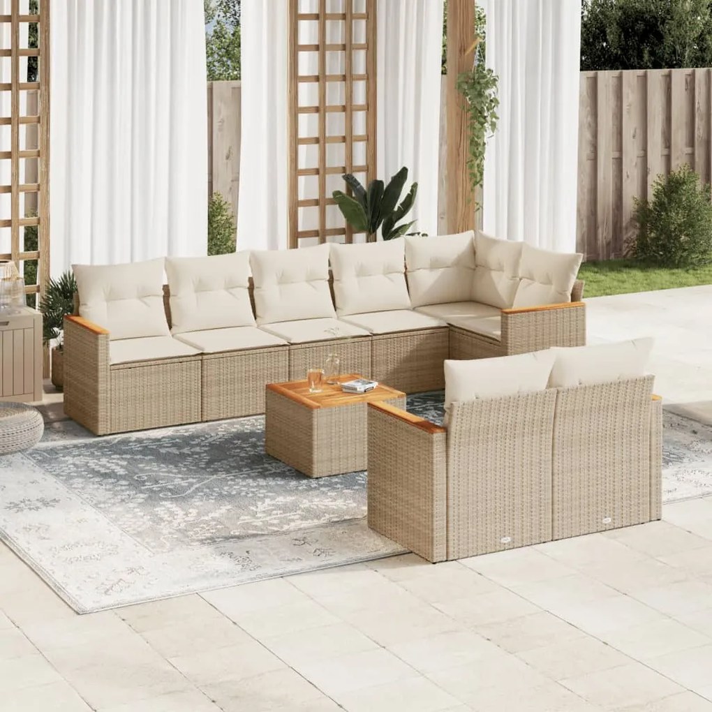 vidaXL 9 pcs conjunto de sofás p/ jardim com almofadões vime PE bege