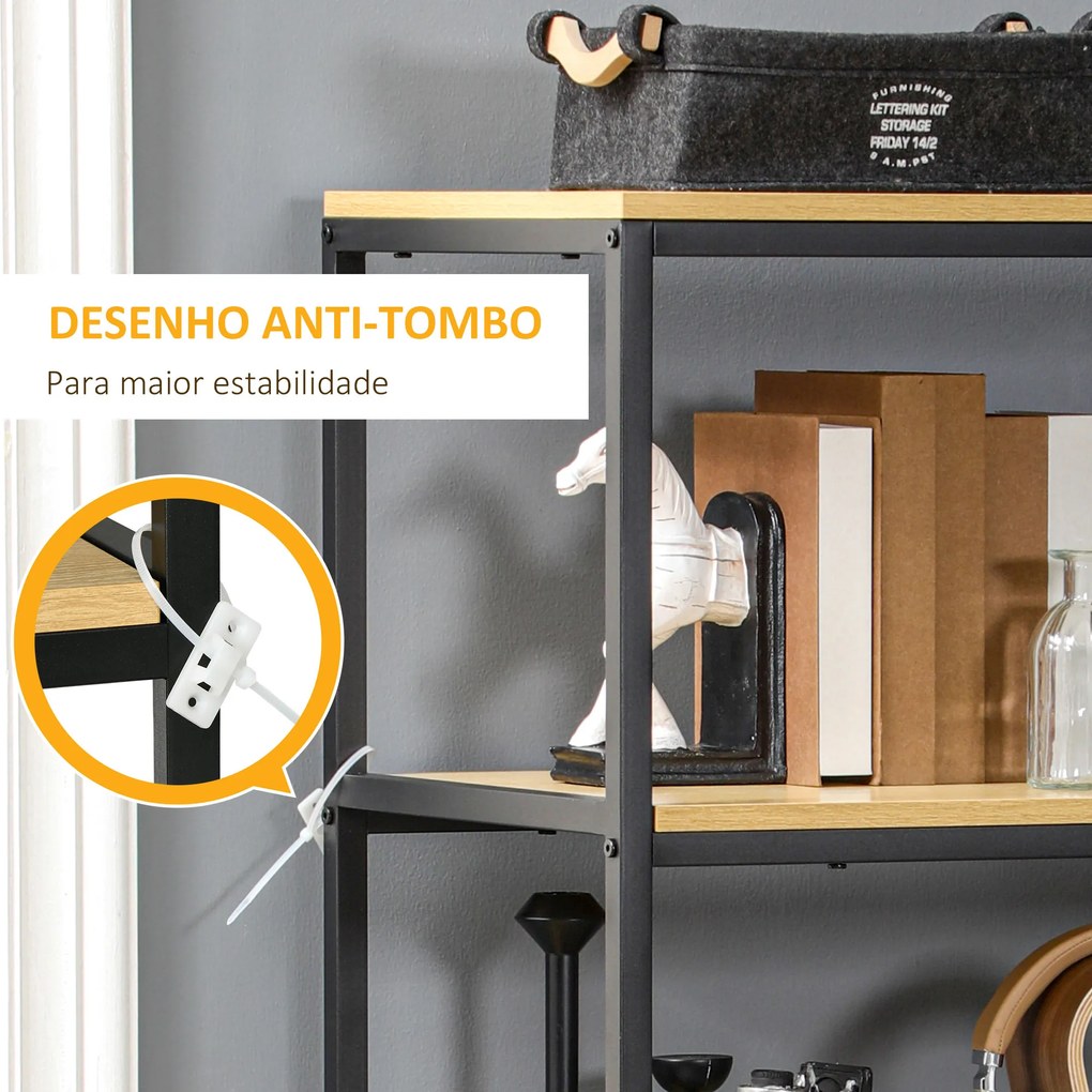 Estante de 4 Níveis com 2 Gavetas de Tecido não Tecido e Estrutura de Aço 60x40x163 cm Madeira e Preto