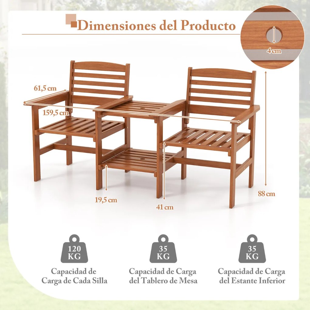 Sofá de jardim de 2 lugares com mesa de café em madeira com orifício para guarda-sol para jardim, piscina, varanda, terraço Castanho