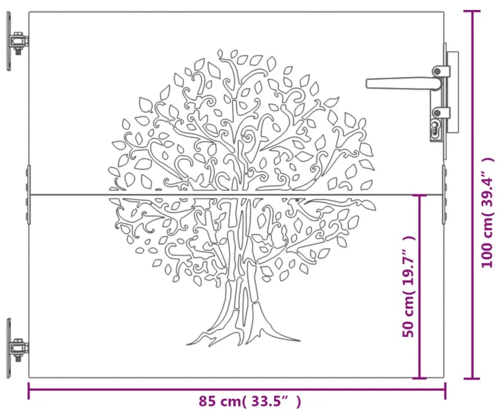 Portão de jardim 85x100 cm aço corten design árvore