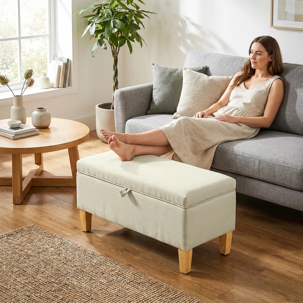 Banco de arrumação 71x37x36 cm, apoio de cama, apoio para os pés almofadado em linho com pés em madeira de borracha, bege