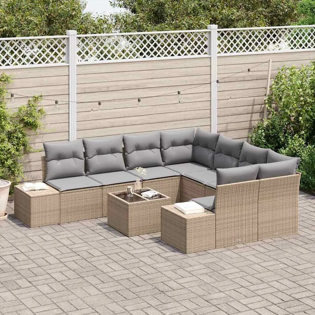 Conjunto de Sofá de Jardim de 9 Peças com Almofadas Bejas em Rattan Po
