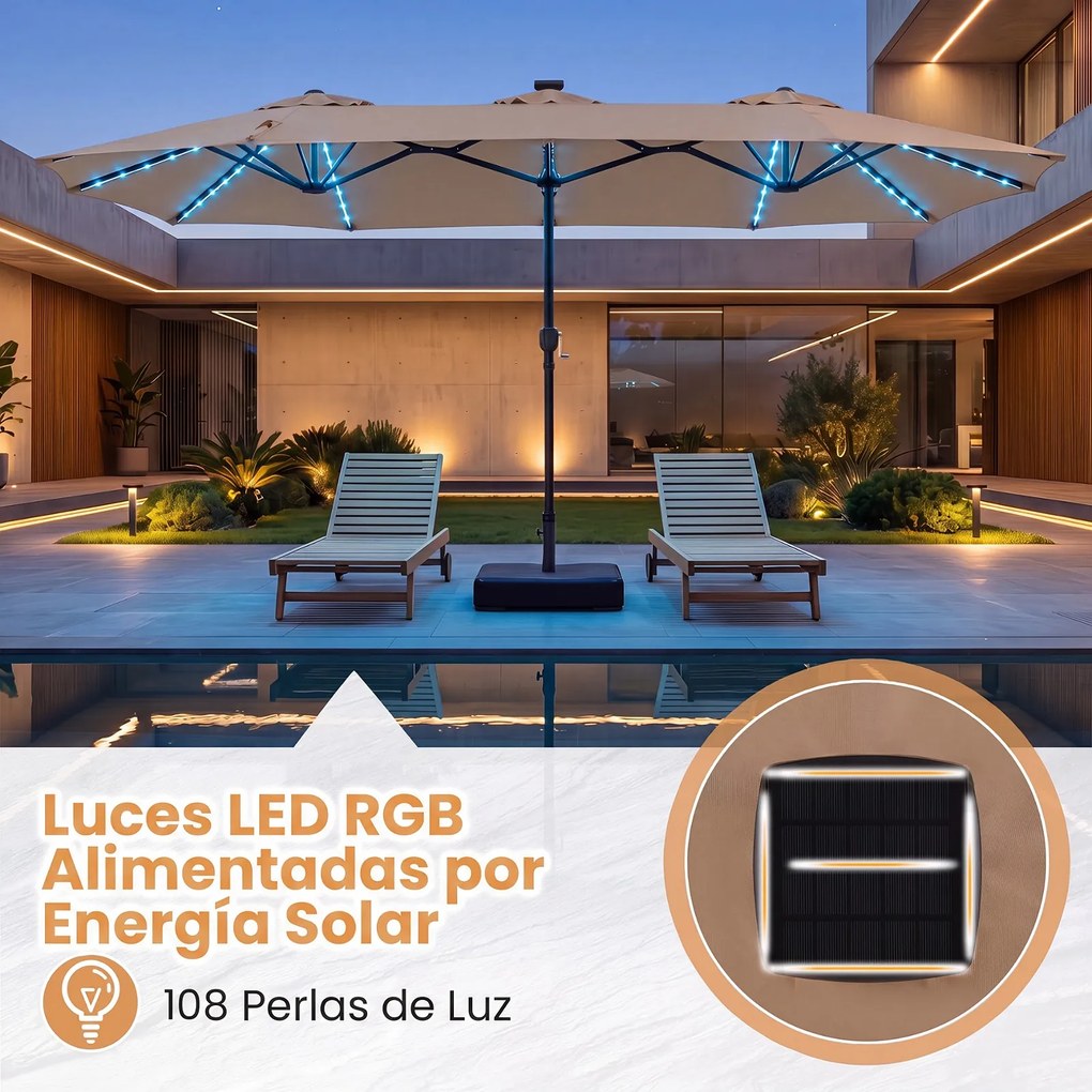 Guarda-sol Duplo Retangular de Exterior com base, 370 x 200 cm, 108 Luzes LED, Castanho