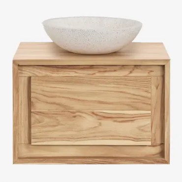 Conjunto De Móvel De Casa De Banho Suspenso 60x45 Cm Em Madeira De Teca Jabari Madeira De Teca Clara & Cimento Redondo Branco Ø40 Cm Zavion - Sklum
