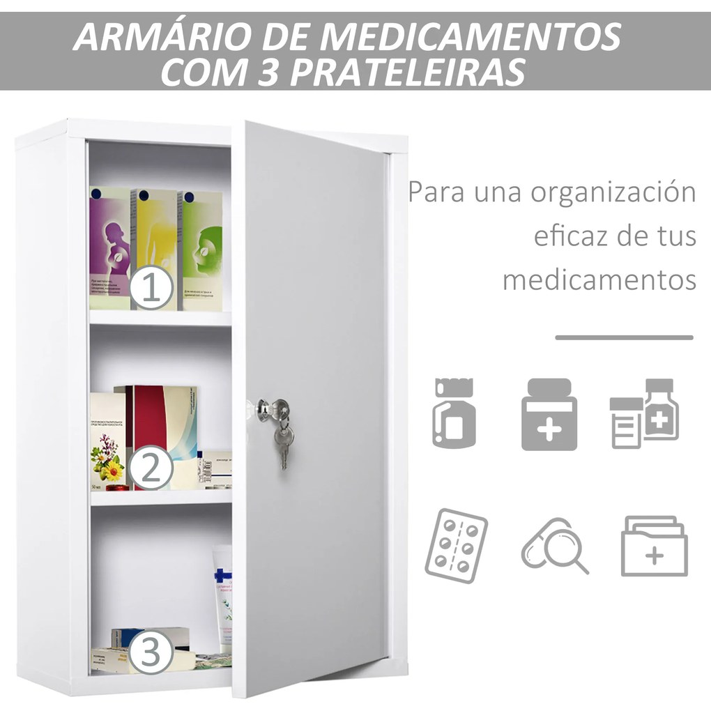 kleankin Armário Farmácia de Parede de Armário para Medicamentos de Metal com 3 Prateleiras de Armazenamento e Fechadura com 2 Chaves para Casa de Banho Cozinha 40x18x60cm Branco