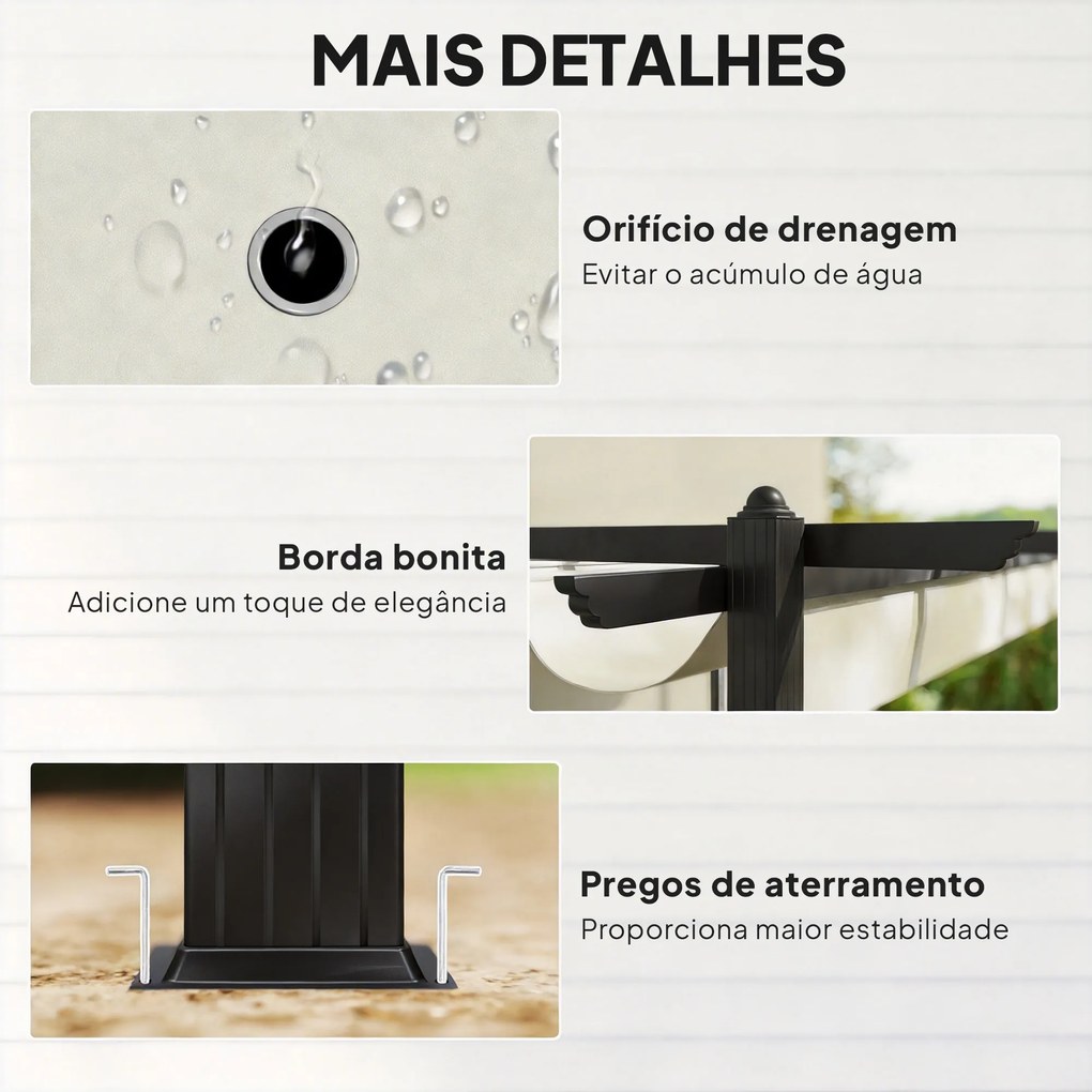 Pérgola de Jardim 4x3 m com Telhado Retrátil Estrutura de Alumínio UPF30+ Orifícios de Drenagem Pérgola de Exterior Creme