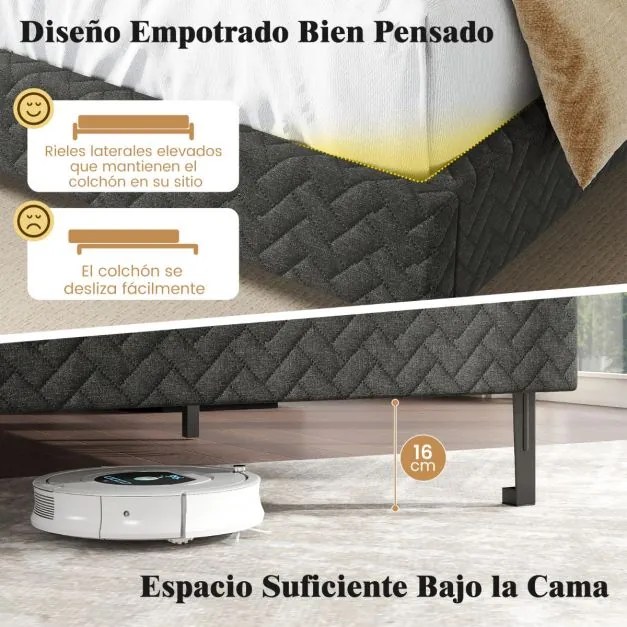 Estrutura de cama 140 x 200 cm com plataforma estofada (COLCHÃO NÃO INCLUIDO), cabeceira Chevron ajustável em altura e base de ripas de madeira incluí