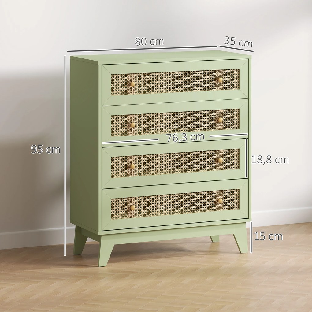 Cómoda com 4 gavetas 80 x 35 x 95 cm, móvel de arrumação em vime com efeito de madeira clara, verde