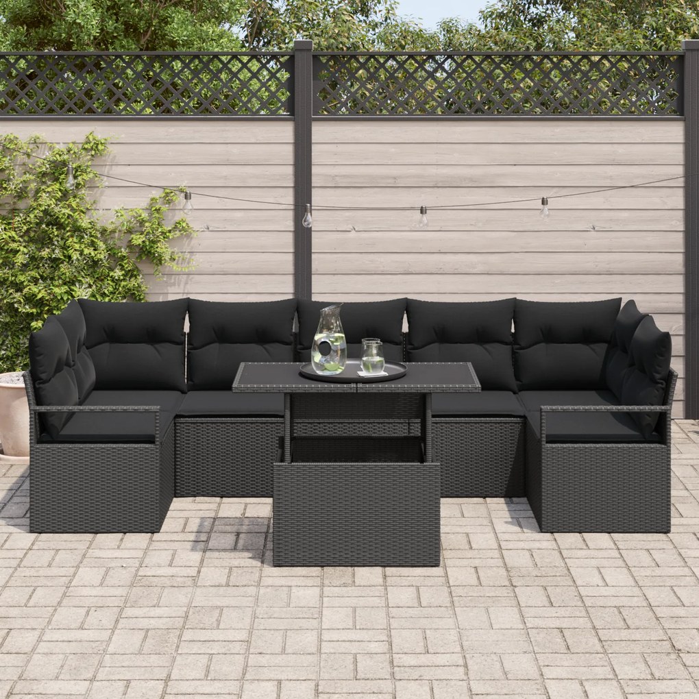 Conjunto de Sofá Jardim 8 Peças com Almofadas Preto Rattan Poliéster