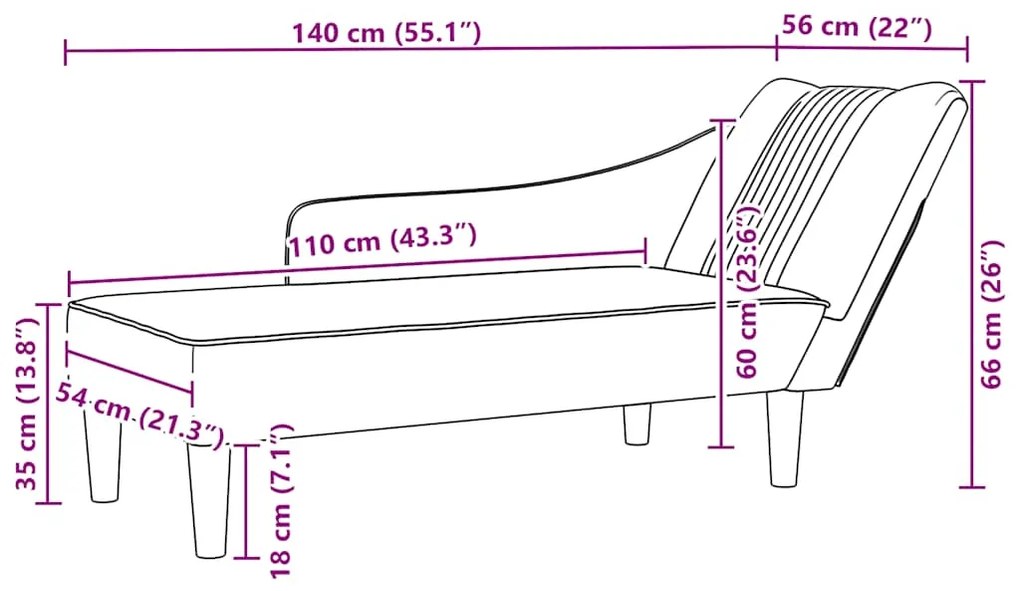 Chaise-longue com apoio de braço direito veludo preto
