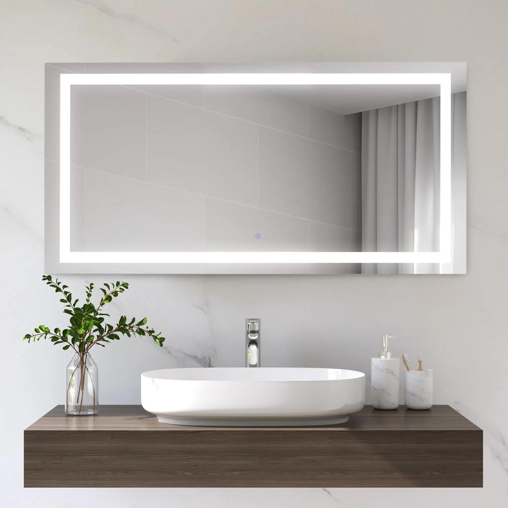 Kleankin Espelho de banheiro com luz LED 120x60 cm Espelho de parede com interruptor de toque vertical ou horizontal de alumínio prata