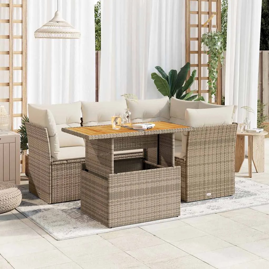 vidaXL 5 pcs conjunto de sofás p/ jardim com almofadões vime PE bege