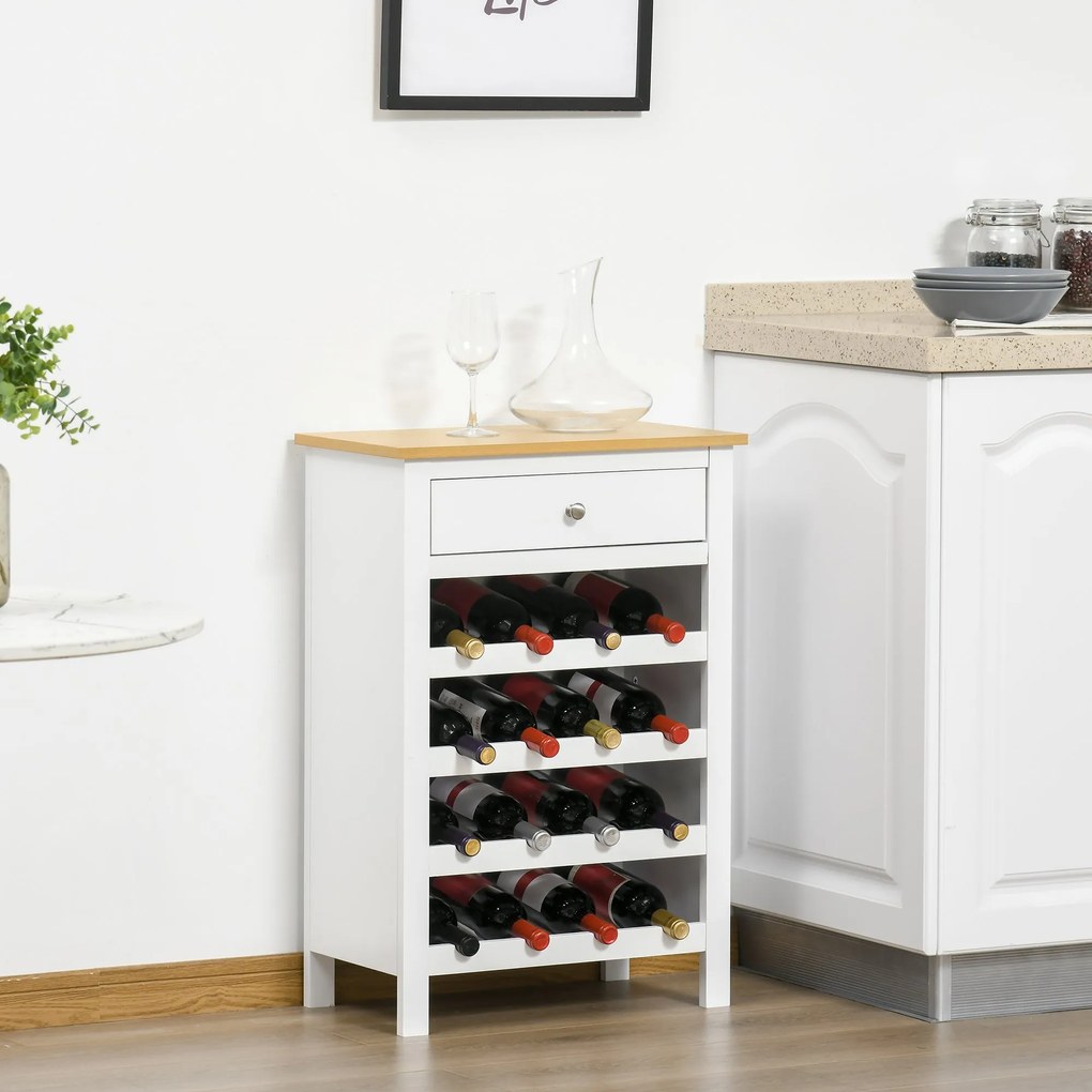 Aparador de Cozinha Moderno com 1 Gaveta e 4 Suportes para 16 Garrafas de Vinho Armário Auxiliar para Sala de Estar Anti-Tombo 55x30x80cm Branco