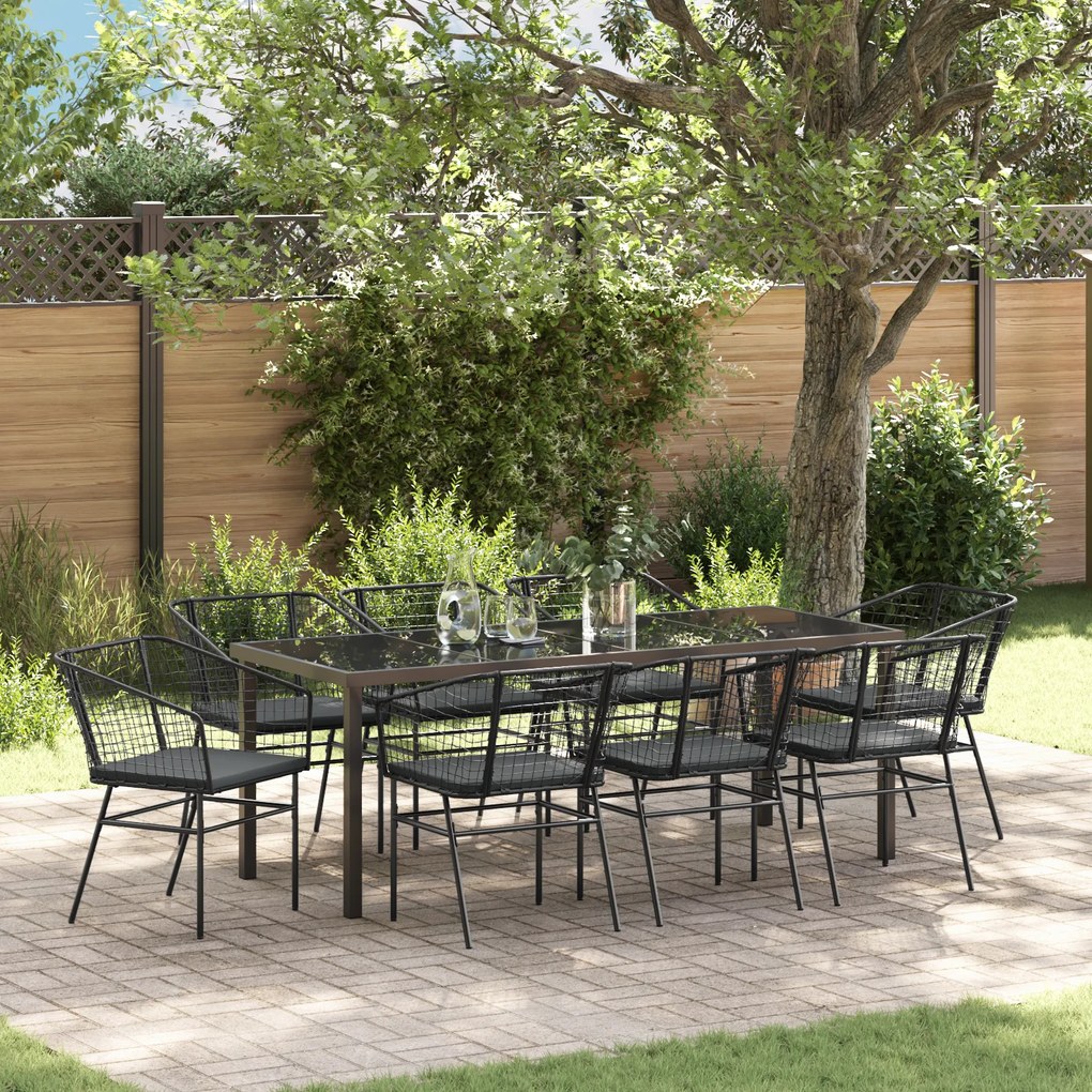 vidaXL Conjunto de Jantar de Jardim com 9 Peças e Almofadas em Rattan Preto