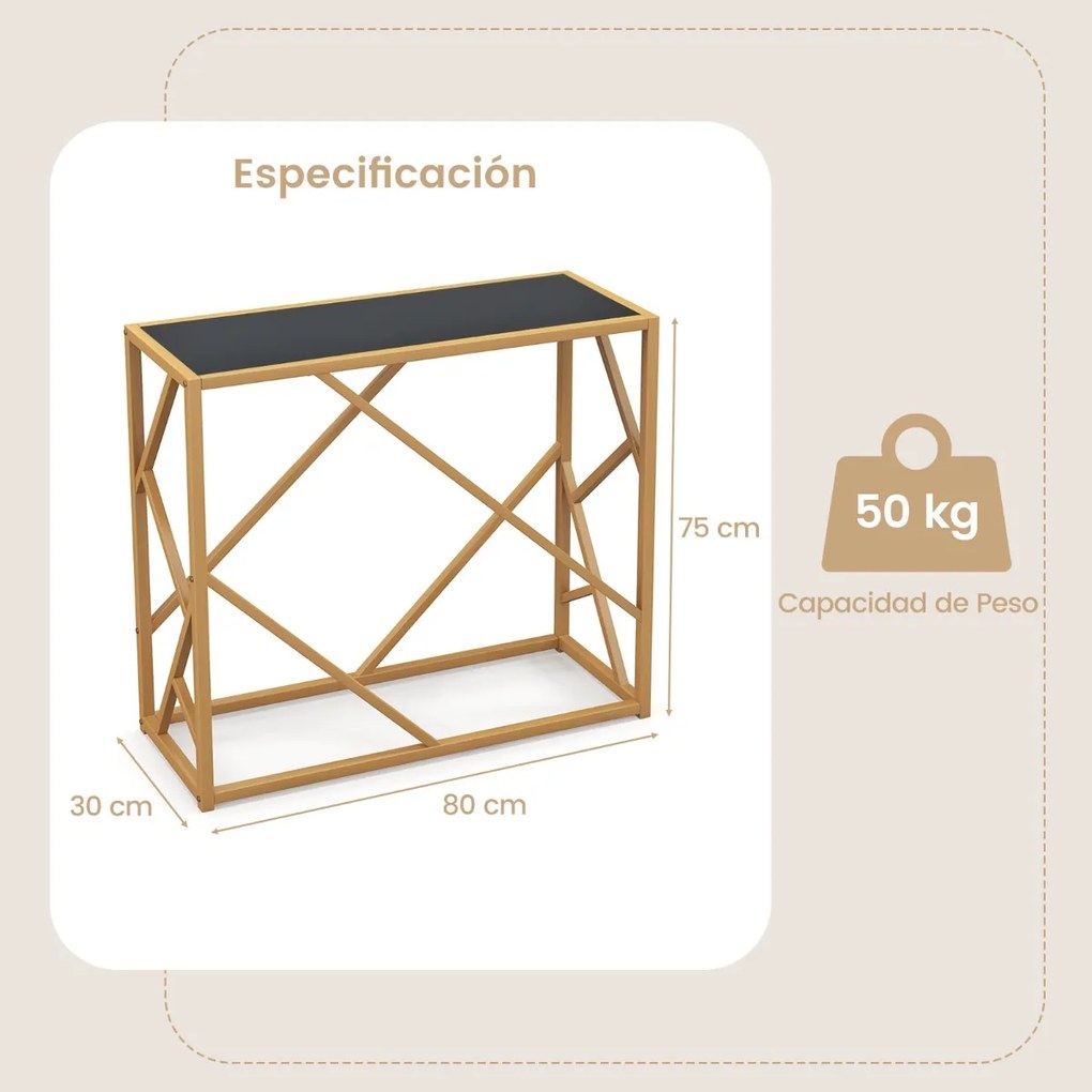 Mesa consola com tampo de vidro temperado e estrutura metálica com design geométrico para sala de estar, corredor e hall de entrada 80 x 30 x 75 cm Pr