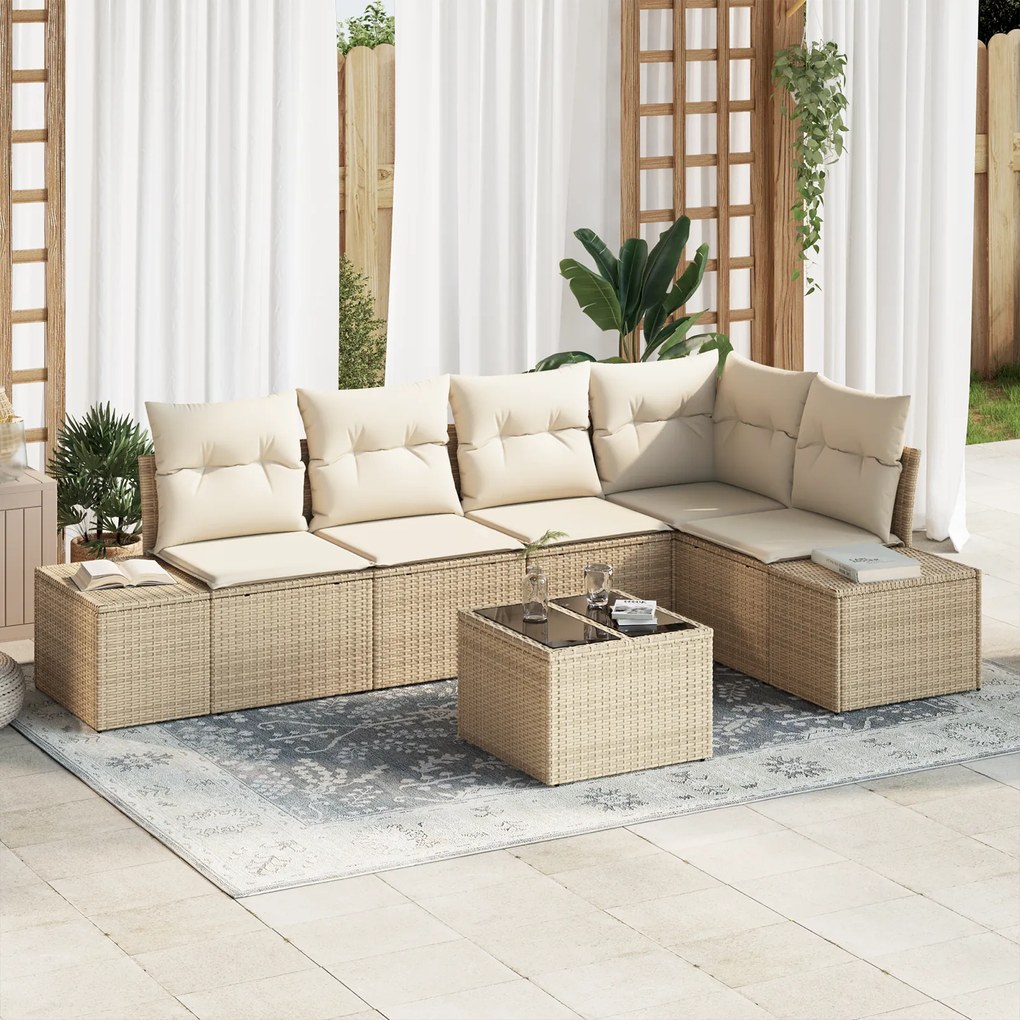 Conjunto de Sofá de Jardim de 6 Peças com Almofadas em Rattan de Polié
