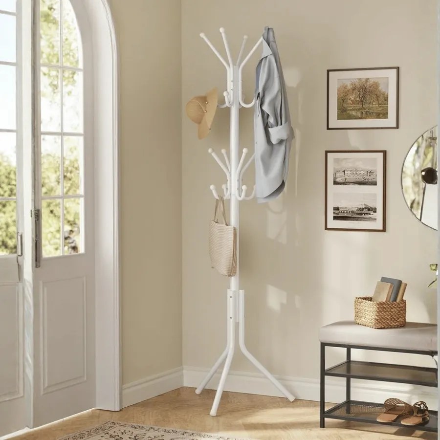 Cabide metálico 48 x 43 x 175 cm com ganchos para roupas e acessórios, branco