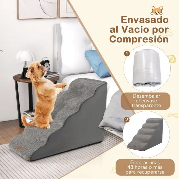 Rampa de espuma para cães Escada de 5 níveis para animais de estimação com cobertura lavável Base antiderrapante Cinzento