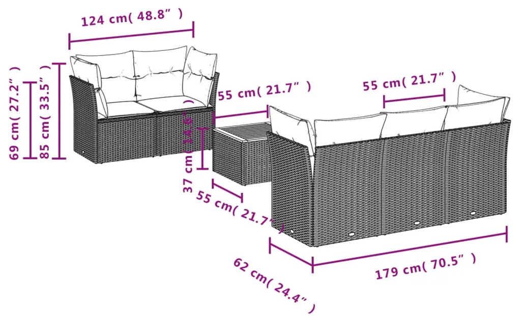 6 pcs conjunto sofás de jardim com almofadões vime cinzento
