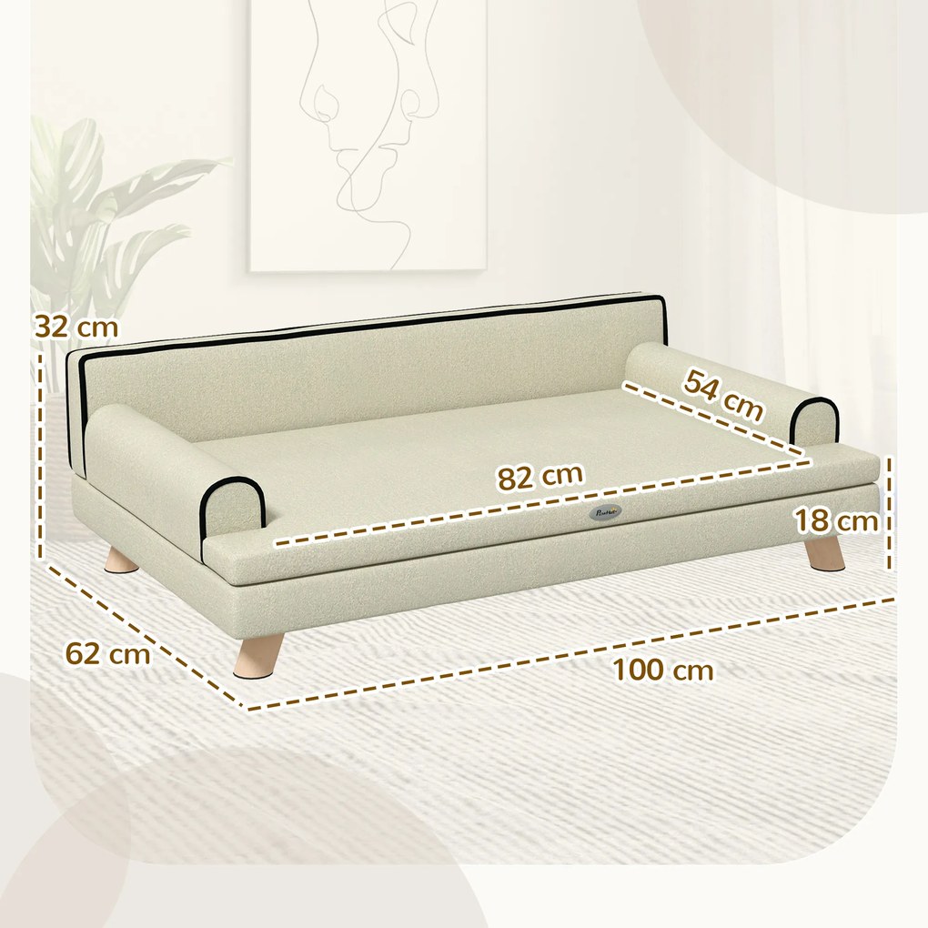 Sofá para cães e gatos com design escandinavo 100 x 62 x 32 cm, almofada macia removível e pés em madeira maciça bege