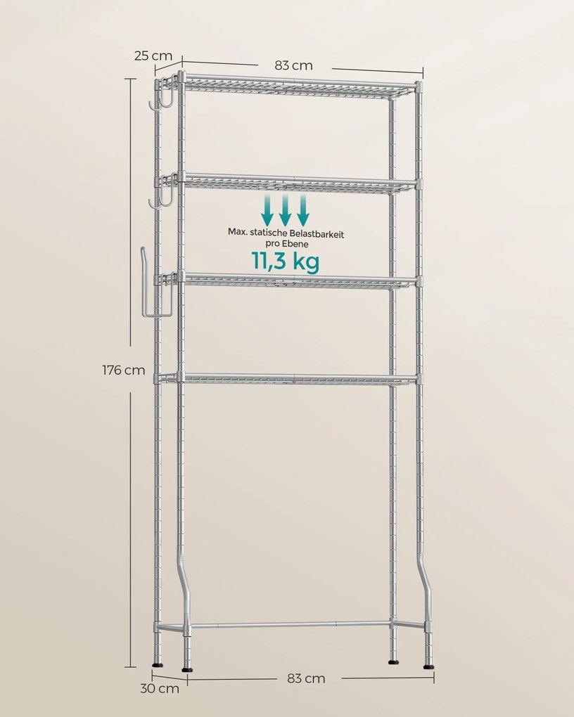 Estante de sanita, máquina lavar roupa de 4 níveis com prateleiras ajustáveis 30 x 83 x 176 cm Cinzento