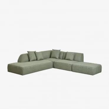 Sofá Modular De Canto Em 3 Peças Com Chaise Longue À Esquerda E Puff Estofado Cardea Bouclé Verde Sálvia - Sklum