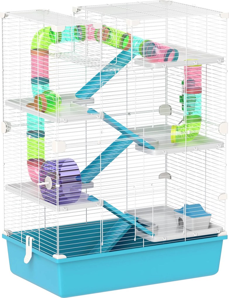 PawHut Gaiola para hamster de 6 andares com tubos, túneis, casinha, roda, tigela, garrafa de água, rampas, Azul claro | Aosom Portugal