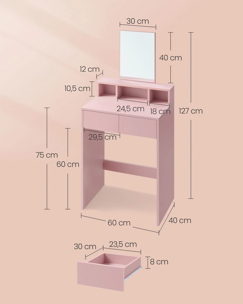 Toucador com espelho e 2 gavetas cor-de-rosa pastel