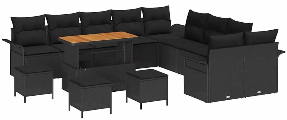 Conjunto de Sofá para Jardim com 14 Peças - Almofadas Pretas de Polira