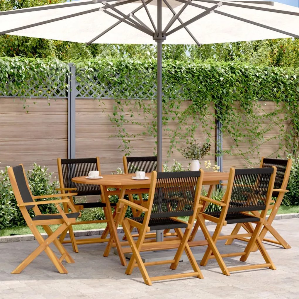 vidaXL 7 pcs conj. jantar p/ jardim polipropileno/madeira maciça preto