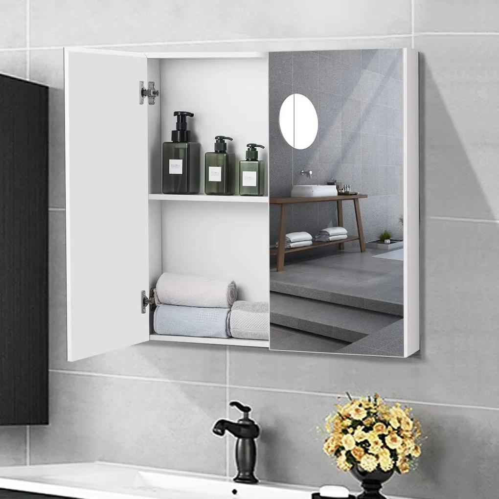 Armário de casa de banho espelhado de parede com 2 portas 2 prateleiras de armazenamento 62 x 11,3 x 65 cm