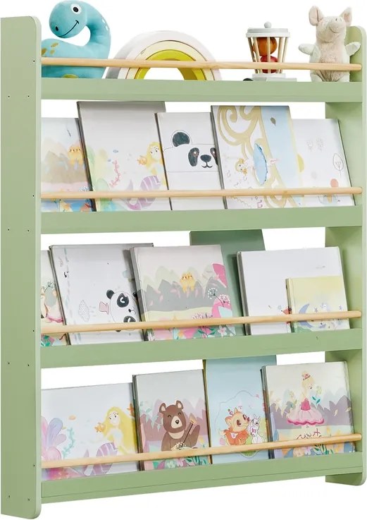 Estante infantil 12 x 80 x 100 cm com 4 níveis para quartos infantis e salas de jogos verde louro-natural