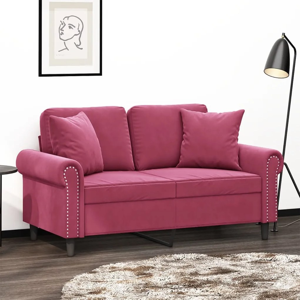Sofá 2 lug. + almofadas decorativas 120cm veludo vermelho tinto