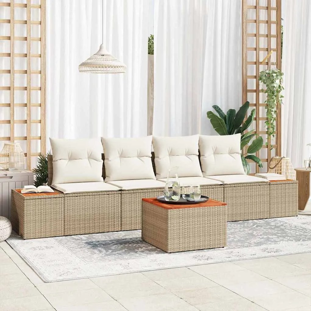 vidaXL Conjunto de Sofá de Jardim com 5 Peças e Almofadas Bege em Rattan Poliéster e Acácia