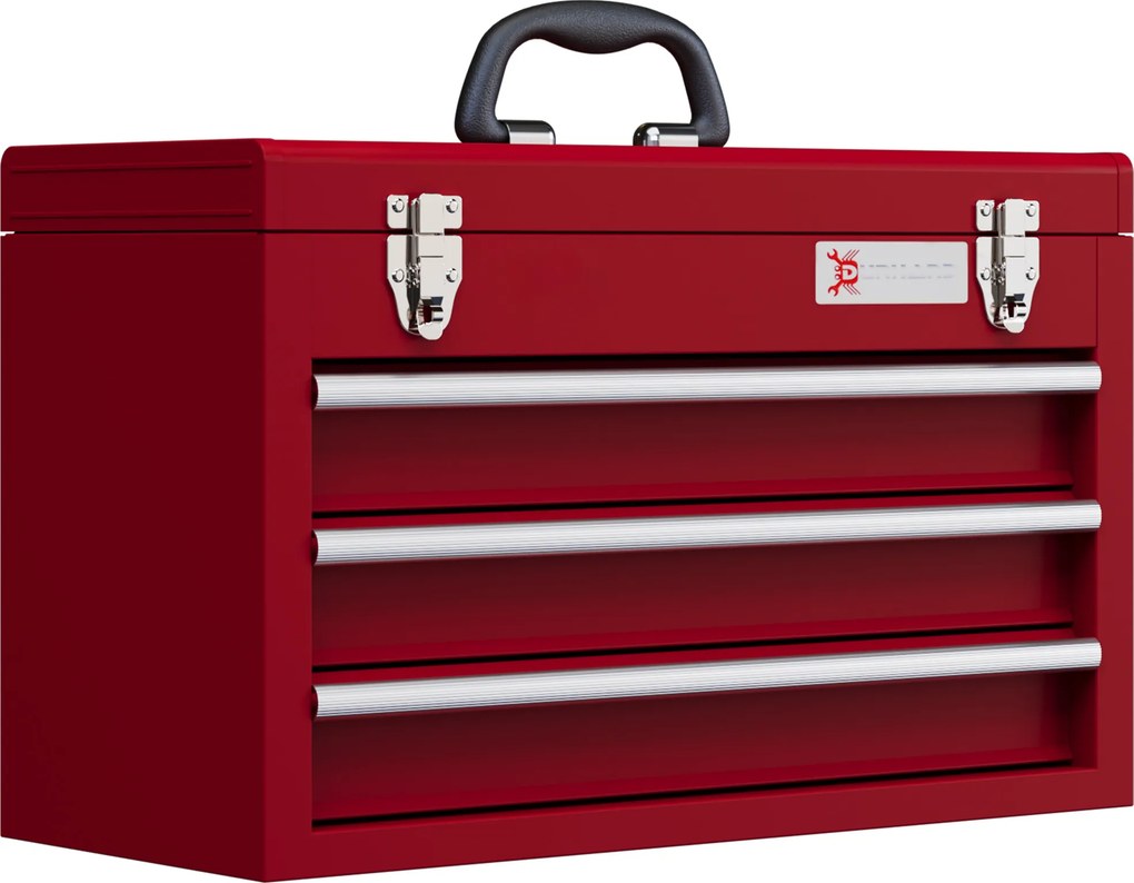 DURHAND Caixa de ferramentas com 3 gavetas, compartimento superior, fechos de aço, alça de transporte, 51x22x32 cm, Vermelho | Aosom Portugal