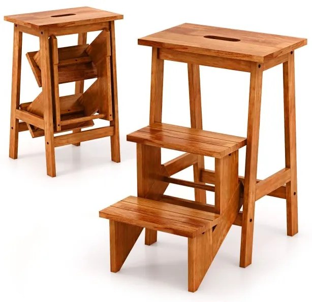 Banquinho de madeira e borracha 3 em 1 com alça prática - Natural