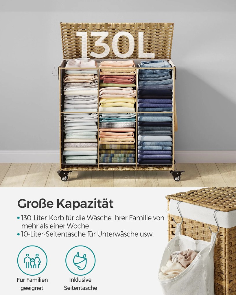 Cesto para roupa suja dobrável com 3 compartimentos e bolso lateral 66 x 33 x 60 cm Cor natural
