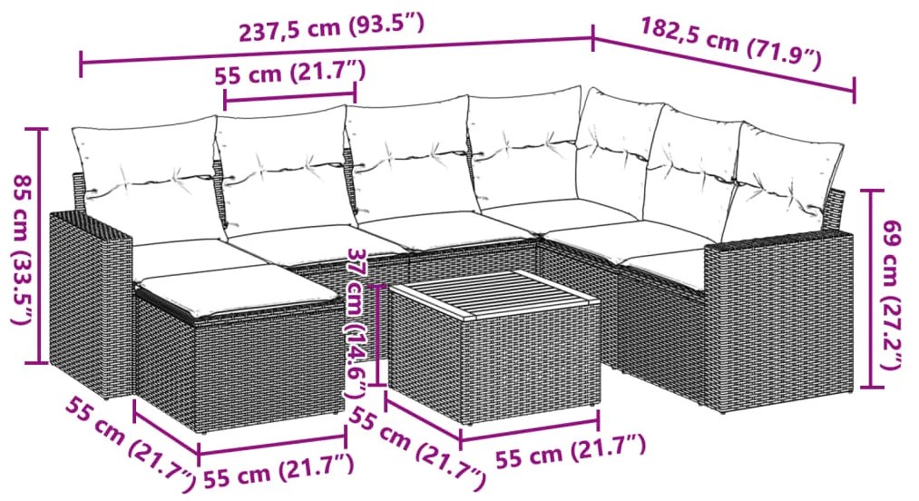 5 pcs conjunto sofás de jardim com almofadões vime PE preto