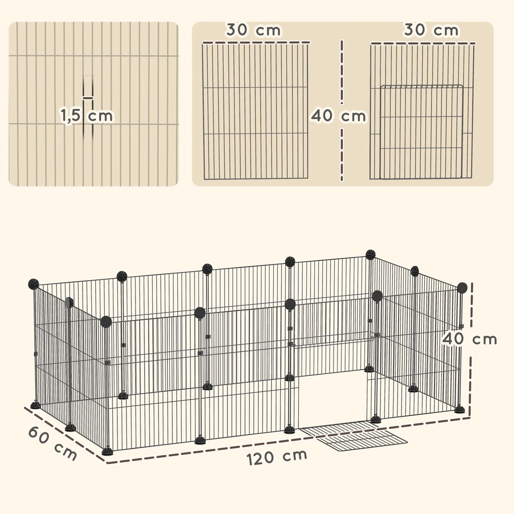 Gaiola Metálica para Animais de 12 Painéis DIY Tapete Impermeável (OUTROS ACESSORIOS NÃO INCLUIDOS) para Porquinhos-da-Índia Ouriços 120x60x40 cm Pret