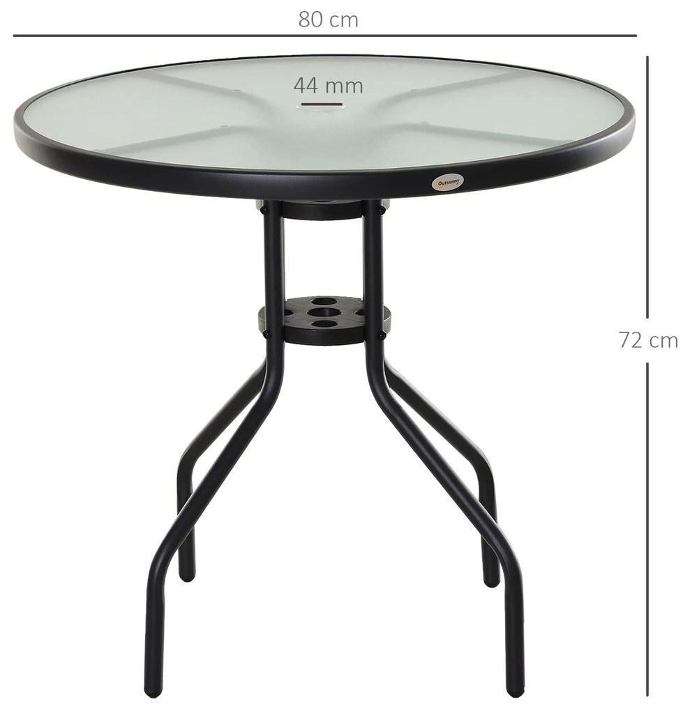 Outsunny Mesa de Jardim Redonda Mesa Sala de Jantar de Cristal Temperado com Orifício para Chapéu de Sol Estrutura Metálica para Pátio Terraço Exterior Ø80x72cm Preto