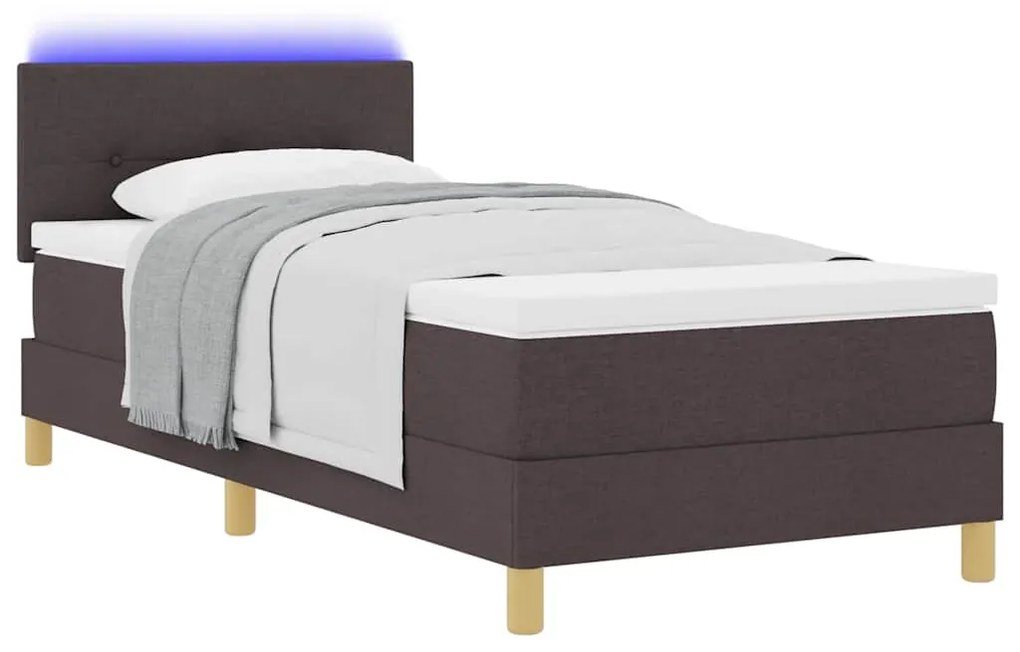 Cama Box Spring com Colchão &amp; LED Castanho Escuro 100x200 cm Tecido