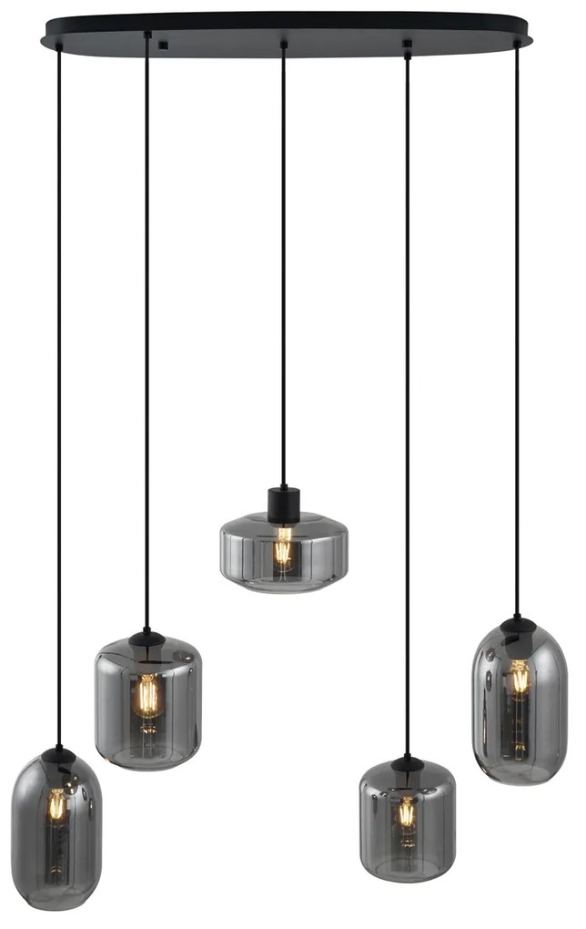 Candeeiro suspenso moderno preto com vidro fumado 5-luzes - Sheena Moderno