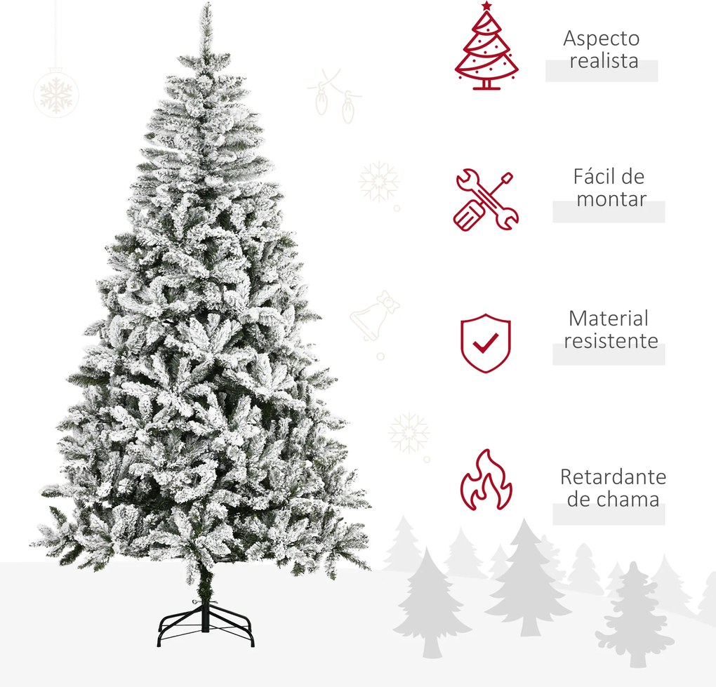 Árvore de Natal Artificial 225cm com Neve Ignífugo com 1300 Ramos Folhas de PVC Abertura Automática Base Dobrável e Suporte Metálico Decoração de Nata