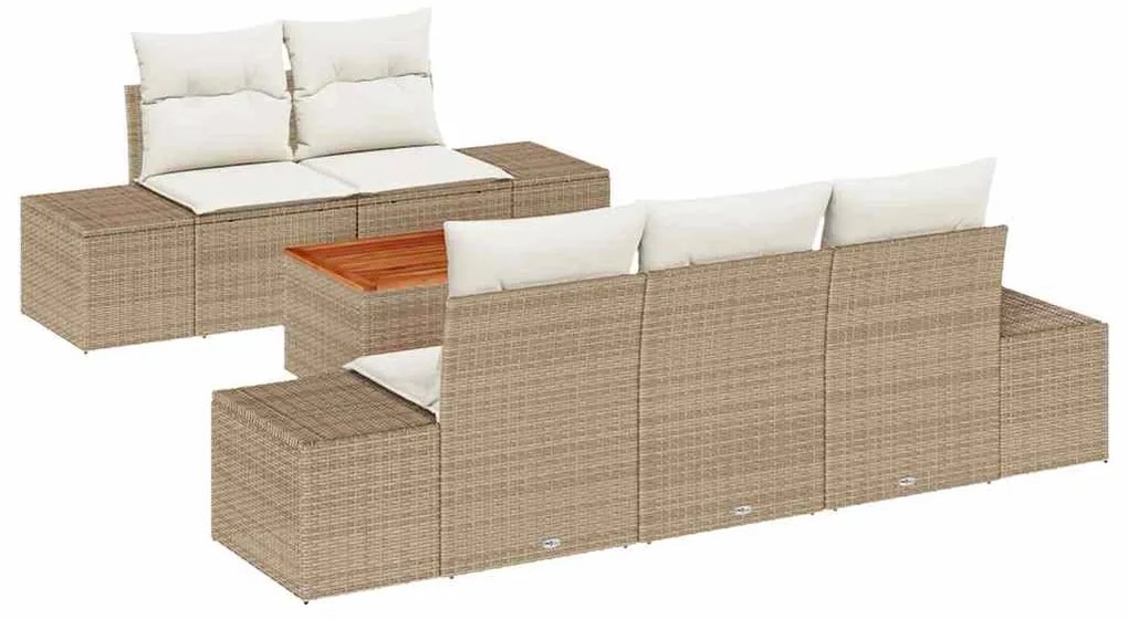 Sofá de Jardim 6 Peças com Almofadas em Rattan Bege e Acácia