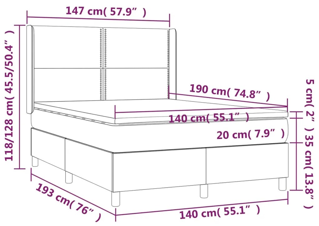 Cama box spring c/ colchão e LED 140x190 cm tecido cinza-escuro