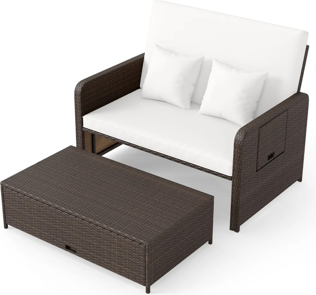 Conjunto de espreguiçadeira e sofá de rattan para jardim, 2 peças, com Pufe com espaço de arrumação, encosto ajustável e mesas dobráveis, castanho + b