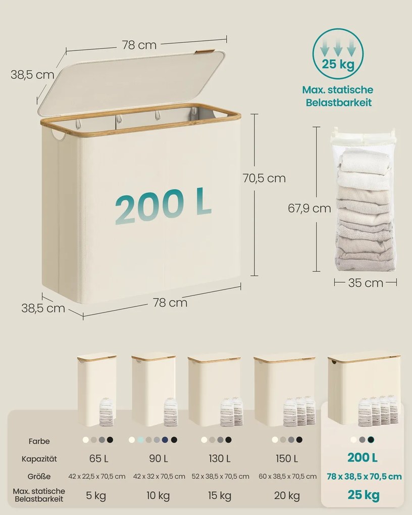 Cesto da roupa suja 200 L,  78 x 38,5 x 70,5 cm com tampa creme