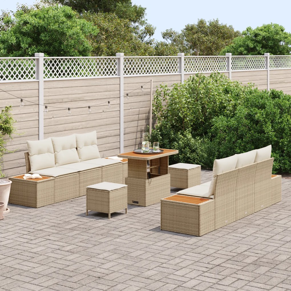 Conjunto de Sofá de Jardim vidaXL de 9 Peças com Almofadas Bege Vime d