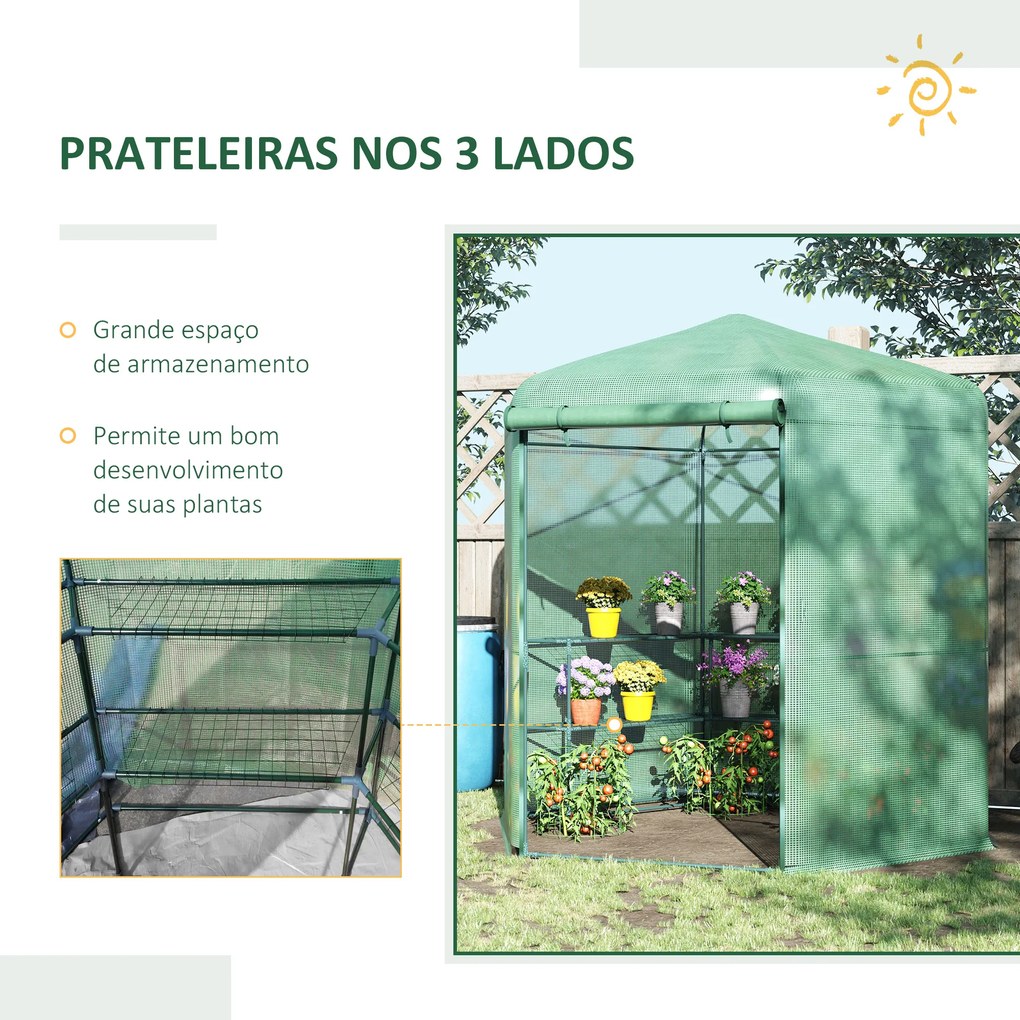 Outsunny Estufa de Jardim Hexágono 194x194x215cm Estufa com 6 Prateleiras Porta Enrolável e Estrutura de Aço Galvanizado para Cultivos de Plantas Vasos de Flores Verde