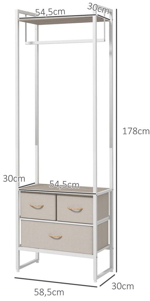 Suporte para Cabides com 3 Gavetas de Tecido Barra para Pendurar e Prateleira para Entrada Quarto 58,5x30x178 cm Natural